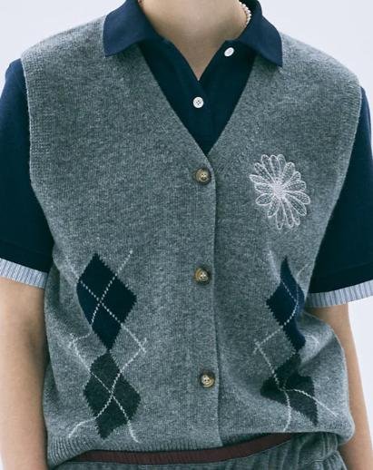 Mardi Mercredi CASHMERE BLENDED ARGYLE KNIT VEST(Grey)